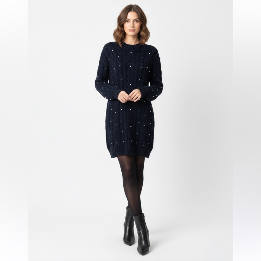 Zara Navy Blue Embellished Sweater Dress with Cable Knit Stitching Size Medium